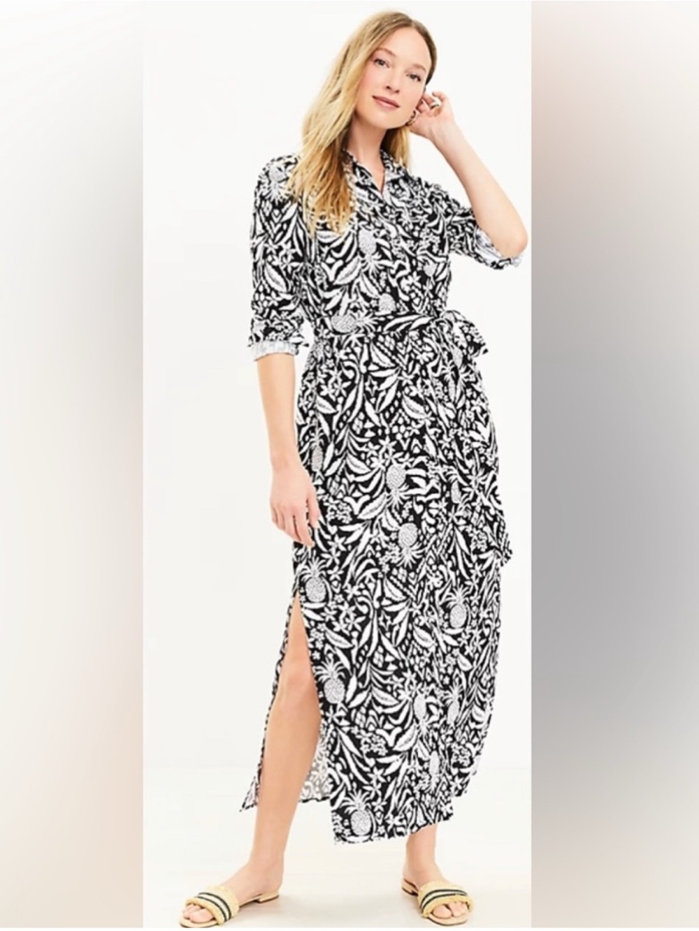 Loft Black and White Pineapple Print Linen Blend Maxi Dress Size 6